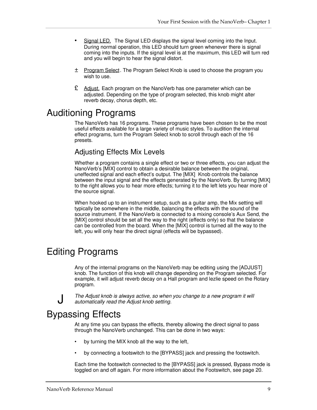 Alesis Stereo Amplifier manual Auditioning Programs, Editing Programs, Bypassing Effects, Adjusting Effects Mix Levels 