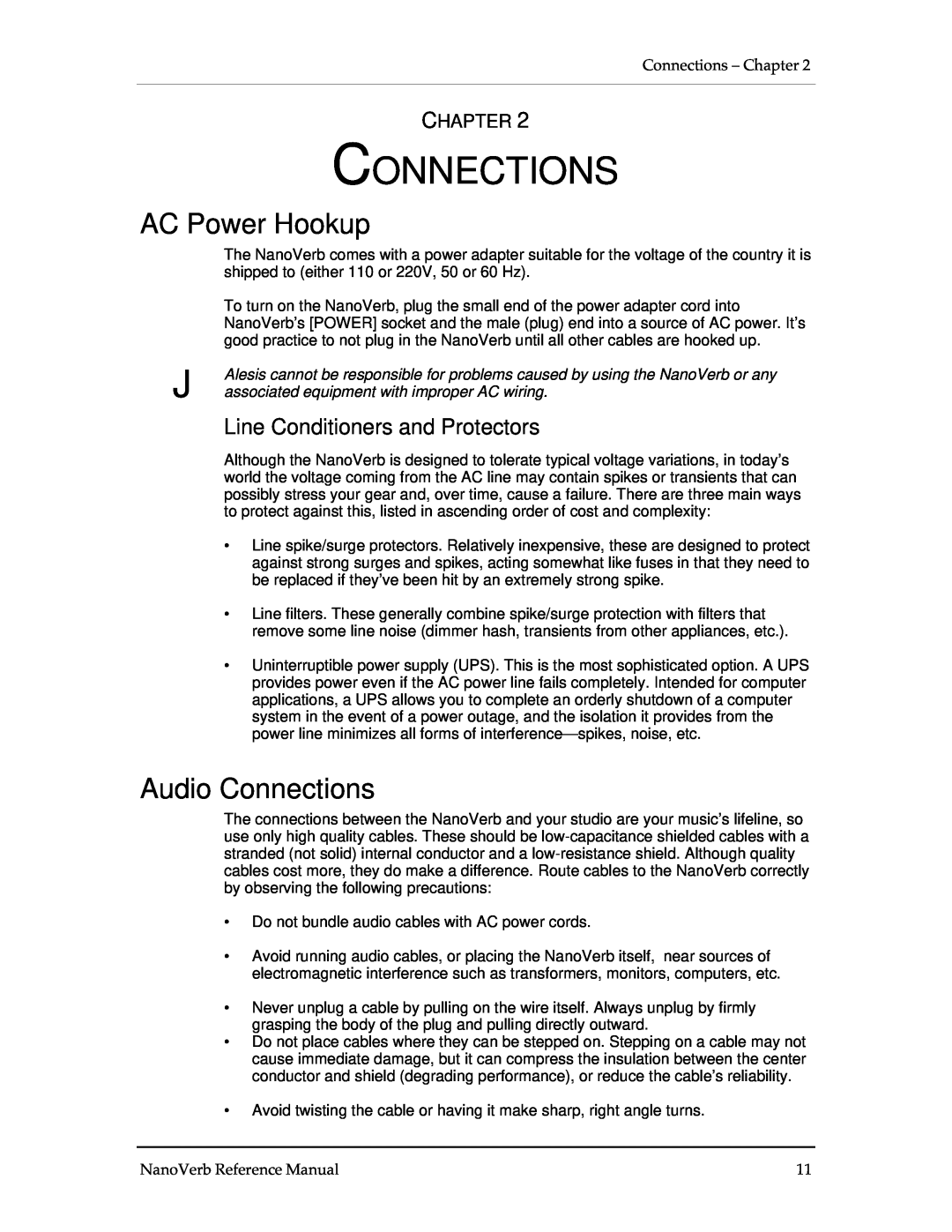 Alesis Stereo Amplifier manual AC Power Hookup, Audio Connections, Line Conditioners and Protectors, Chapter 