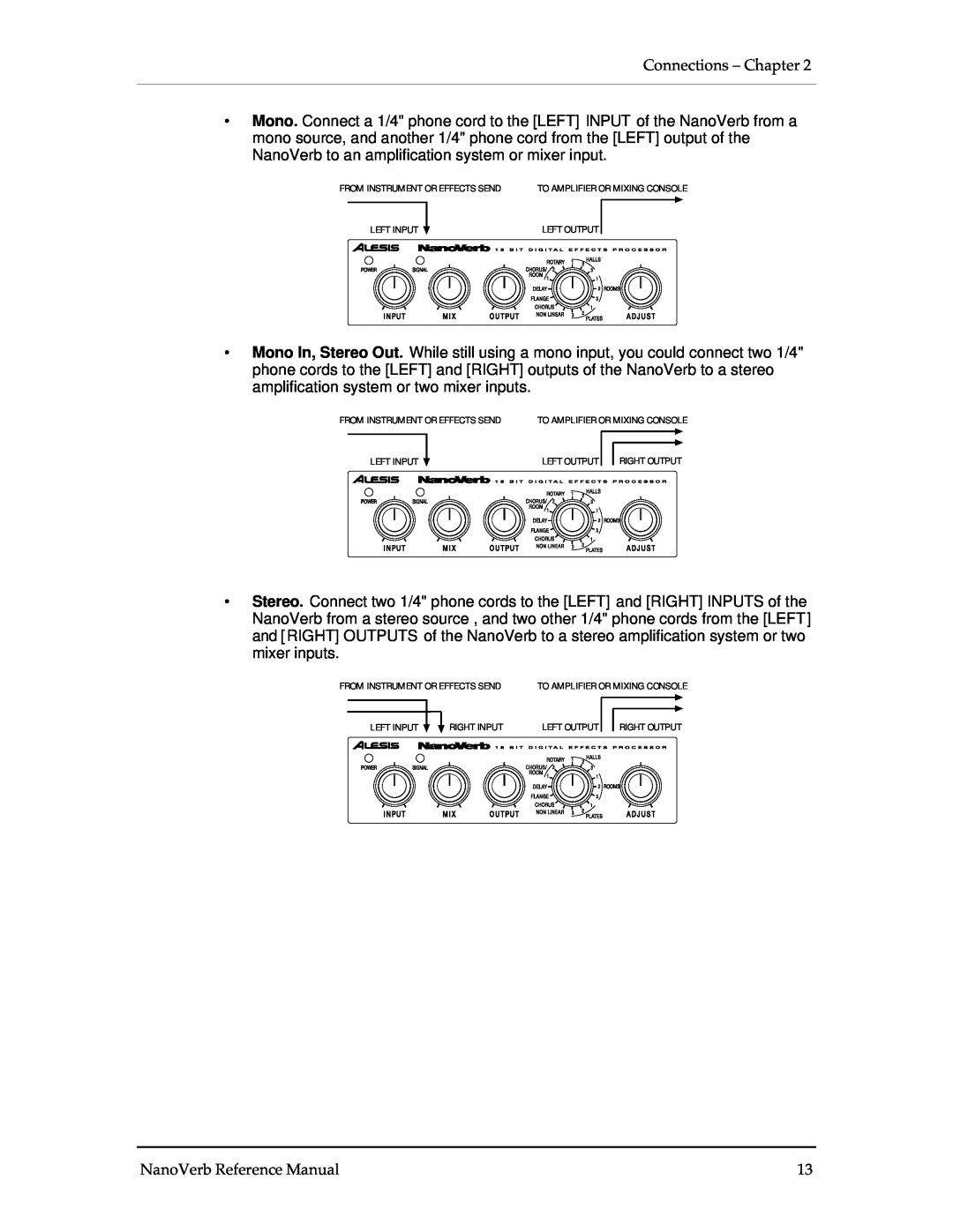Alesis Stereo Amplifier Connections - Chapter, NanoVerb Reference Manual, From Instrument Or Effects Send, Left Input 