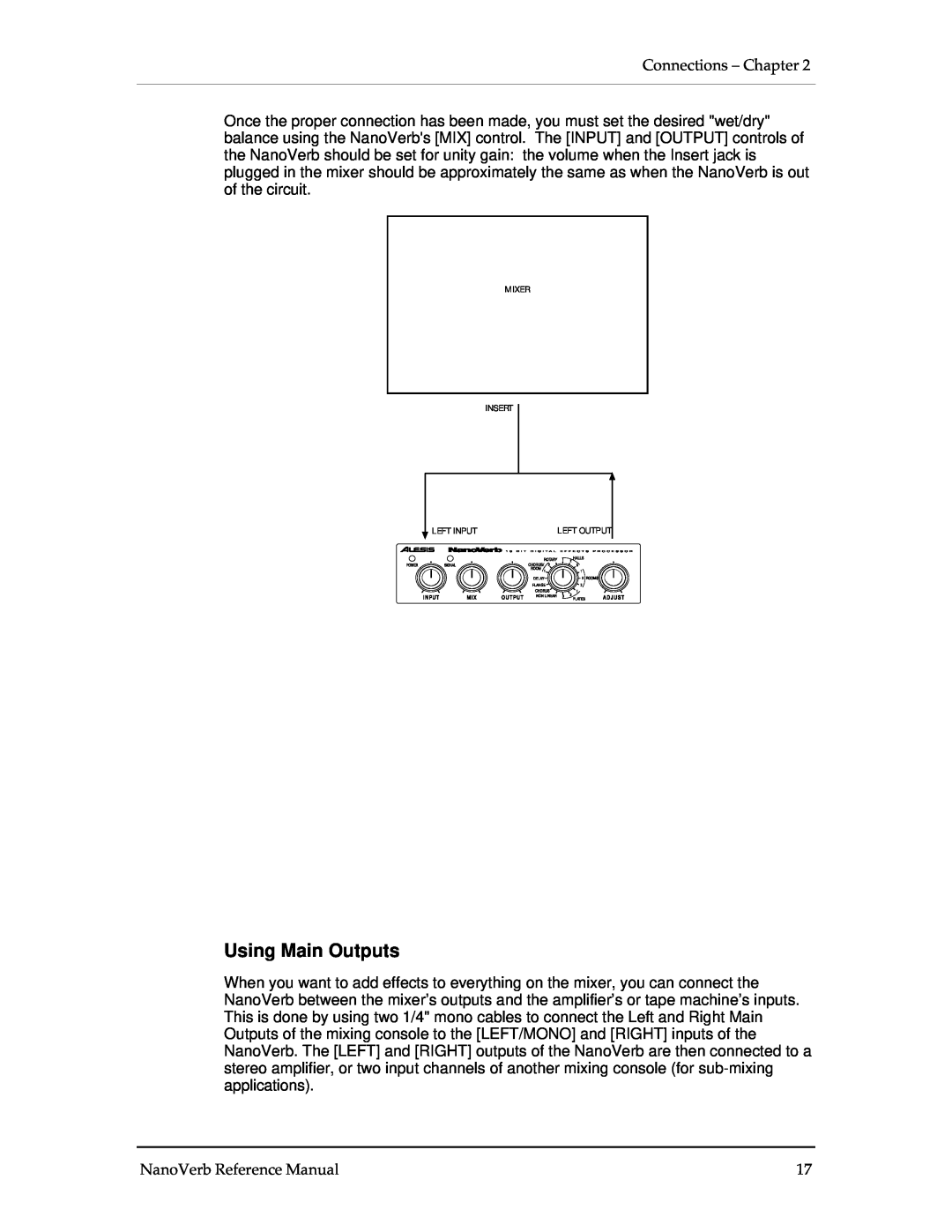 Alesis Stereo Amplifier manual Using Main Outputs, Connections - Chapter, NanoVerb Reference Manual 