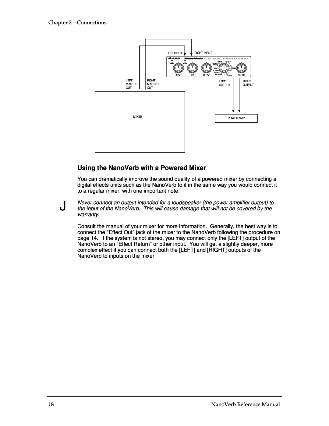 Alesis Stereo Amplifier manual Using the NanoVerb with a Powered Mixer, warranty 