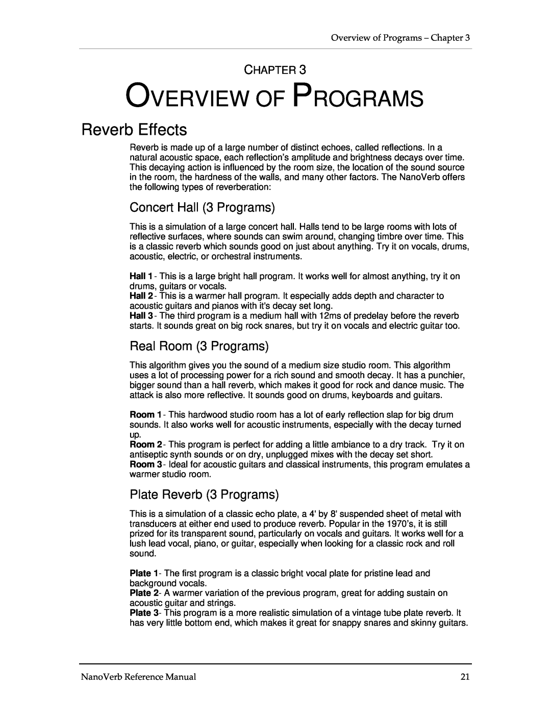 Alesis Stereo Amplifier manual Overview Of Programs, Reverb Effects, Concert Hall 3 Programs, Real Room 3 Programs, Chapter 