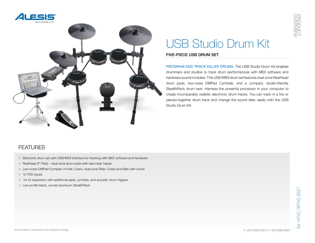 Alesis USB Studio Drum Kit manual Features, Five-Piece USB Drum Set 