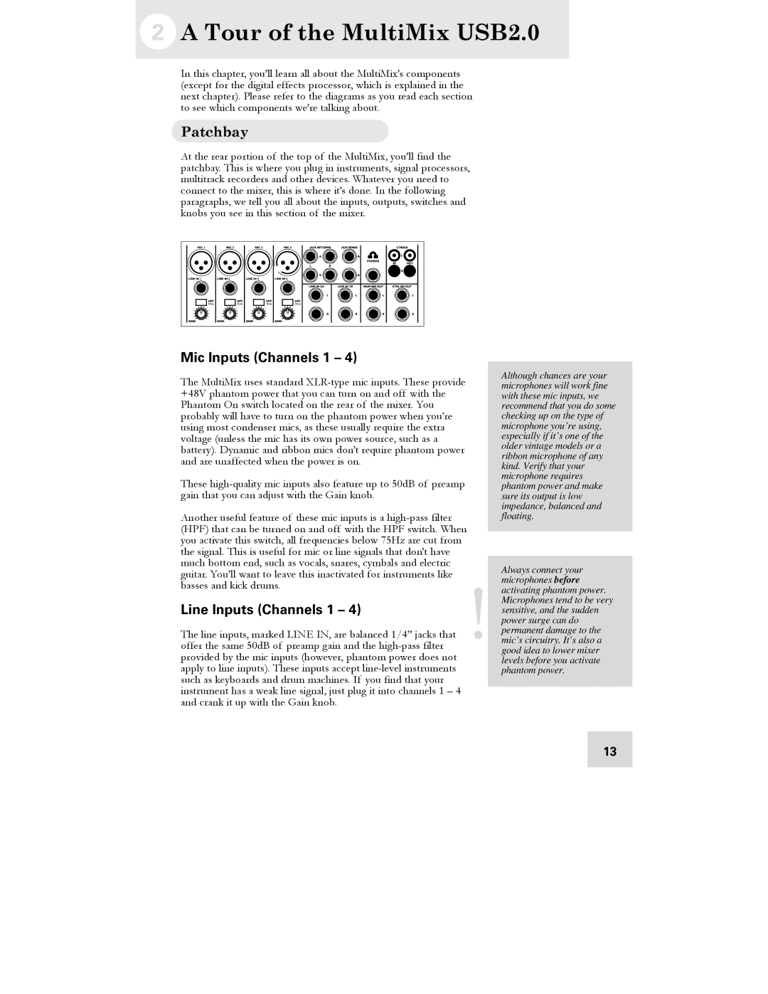 Alesis manual Tour of the MultiMix USB2.0, Patchbay, Mic Inputs Channels 1, Line Inputs Channels 1 