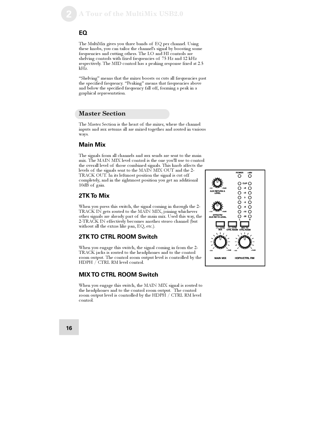 Alesis USB2.0 manual Master Section, Main Mix, 2TK To Mix, 2TK to Ctrl Room Switch, MIX to Ctrl Room Switch 