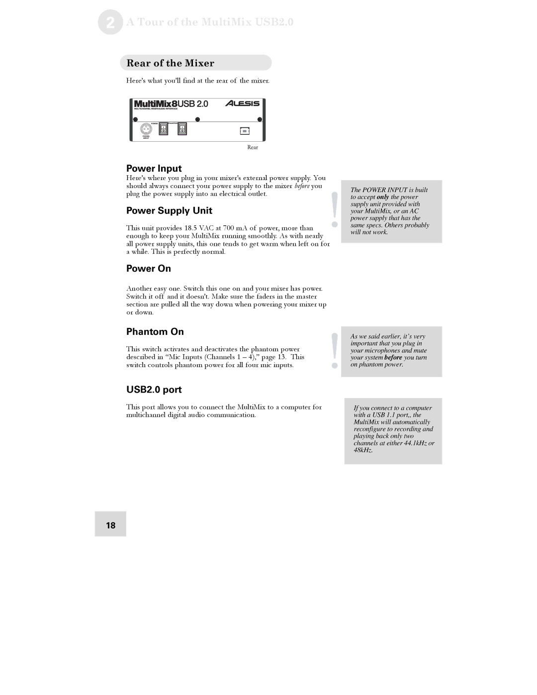 Alesis USB2.0 manual Rear of the Mixer 