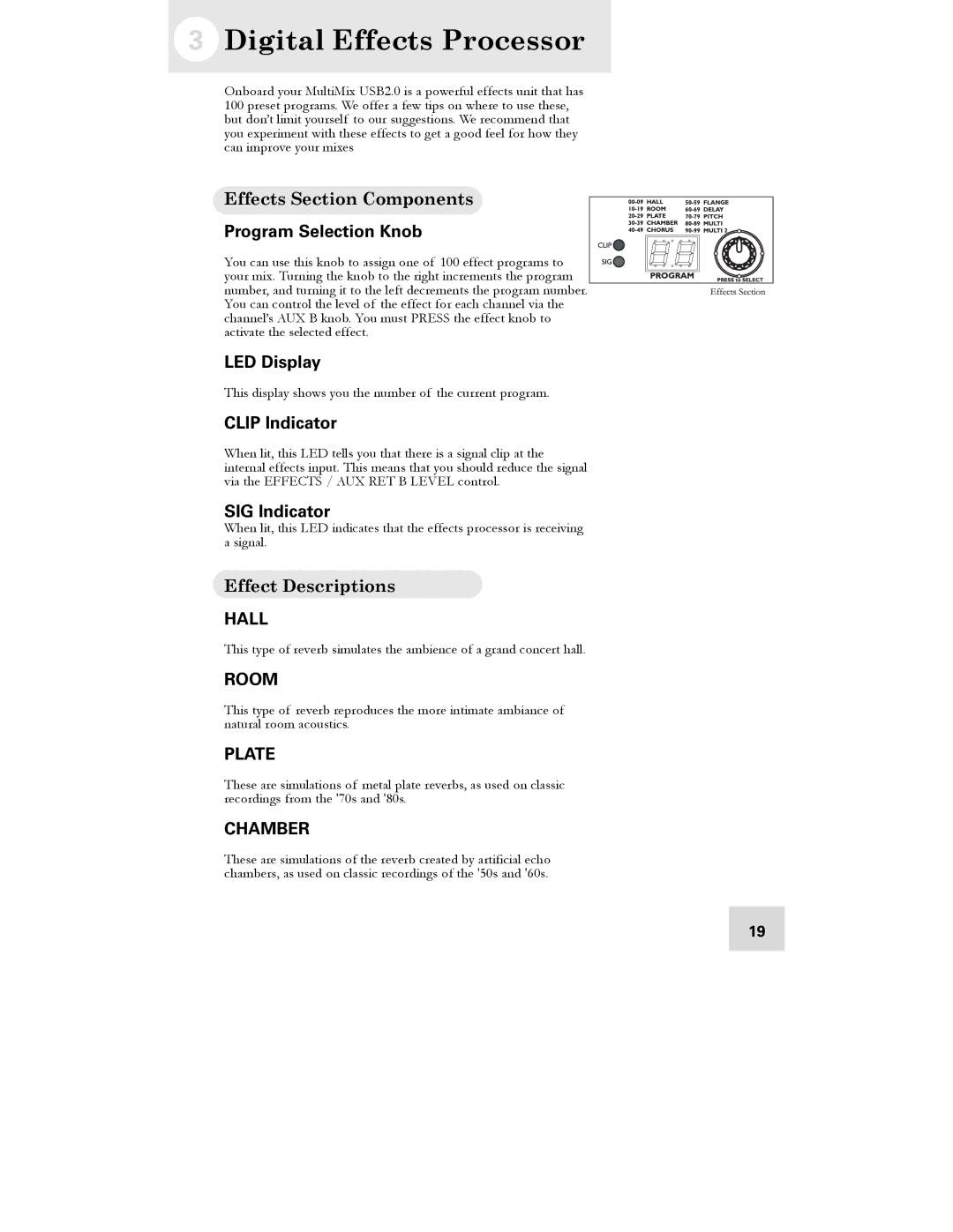 Alesis USB2.0 manual Digital Effects Processor, Effects Section Components, Effect Descriptions 