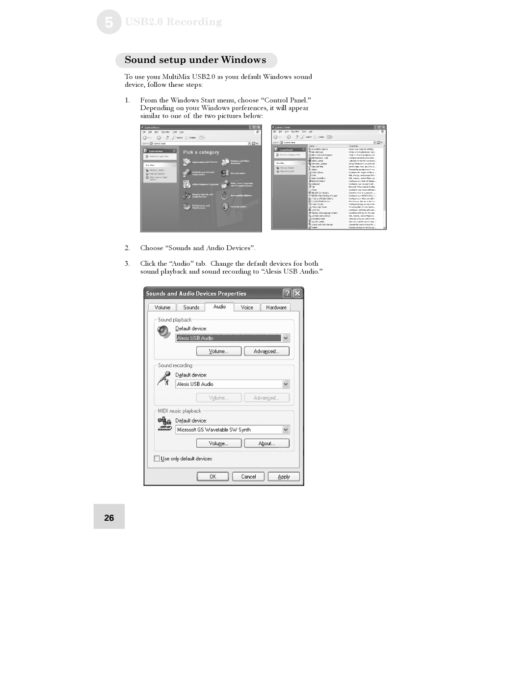 Alesis USB2.0 manual Sound setup under Windows 