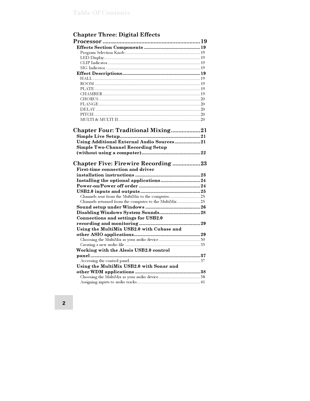 Alesis USB2.0 manual Table Of Contents 