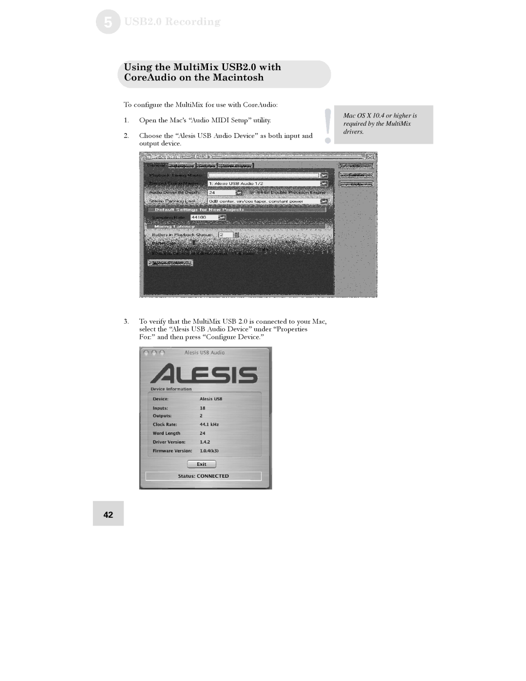 Alesis manual Using the MultiMix USB2.0 with CoreAudio on the Macintosh 