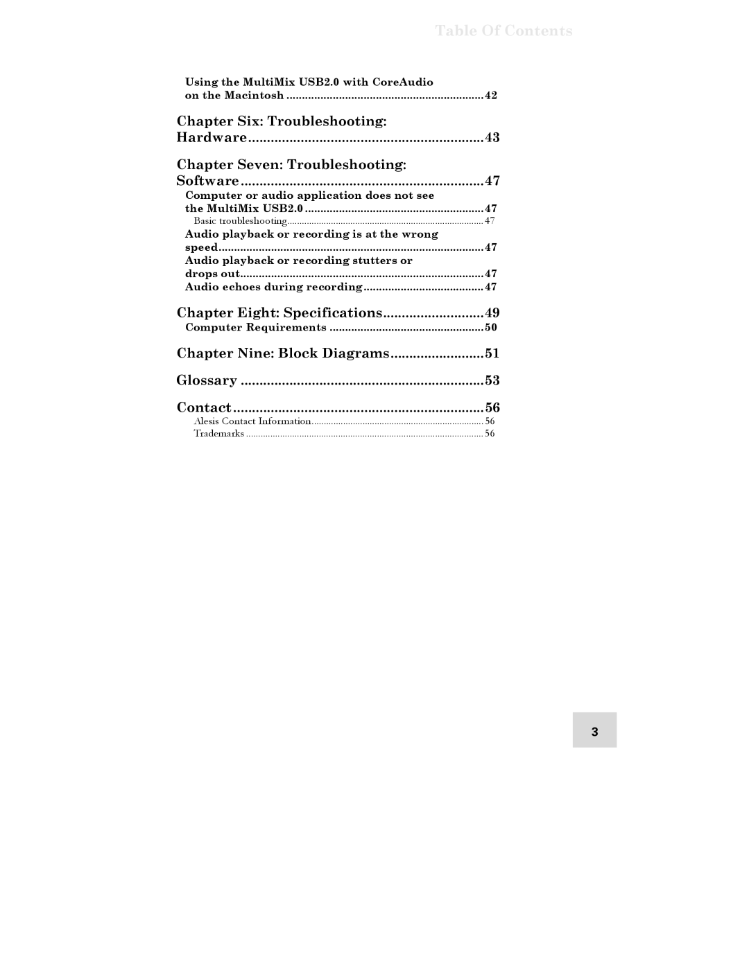 Alesis USB2.0 manual Chapter Eight Specifications, Chapter Nine Block Diagrams Glossary Contact 