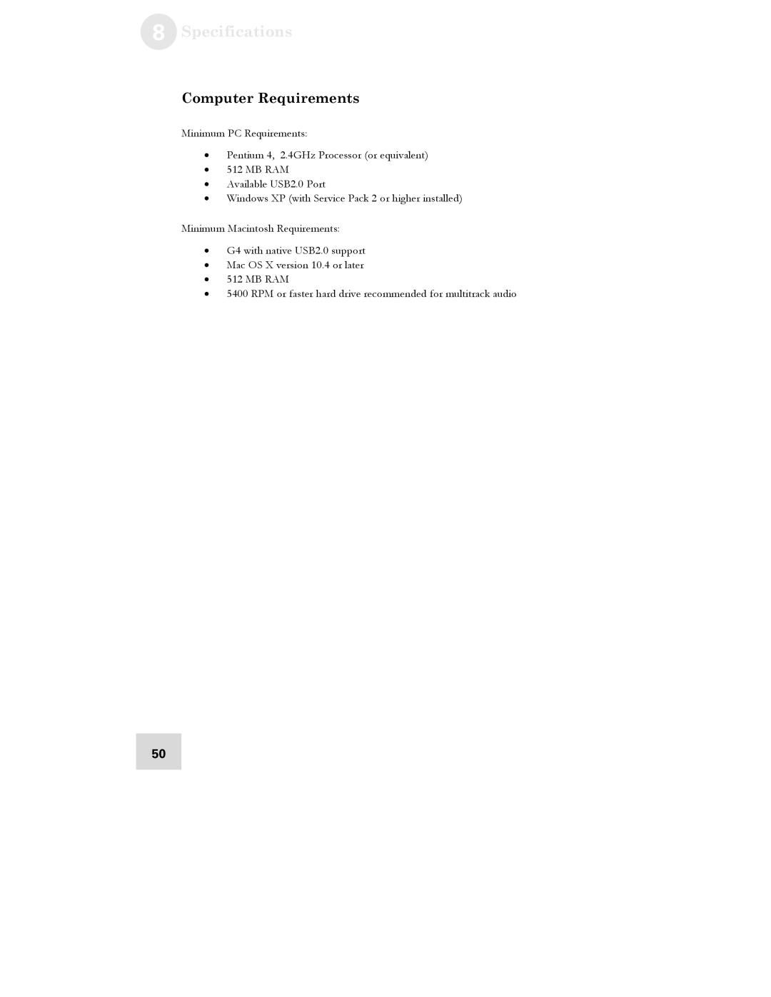 Alesis USB2.0 manual Specifications, Computer Requirements 