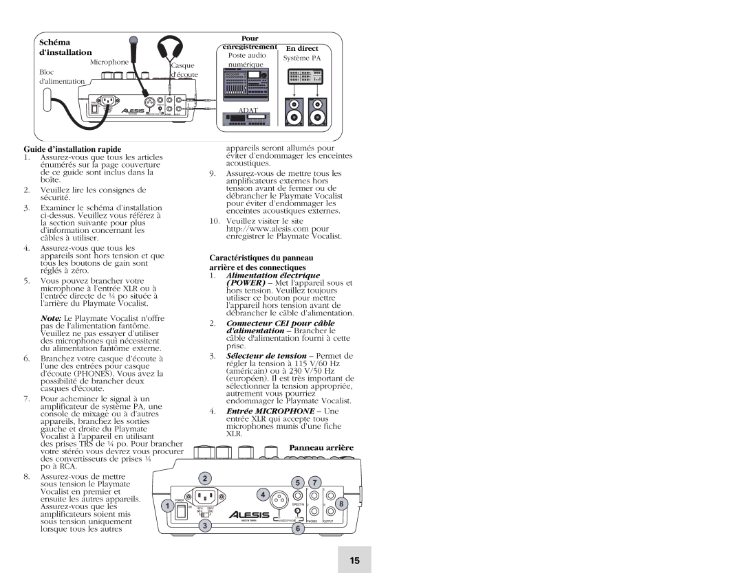 Alesis Vocalist Schéma, Guide d’installation rapide, Caractéristiques du panneau arrière et des connectiques 