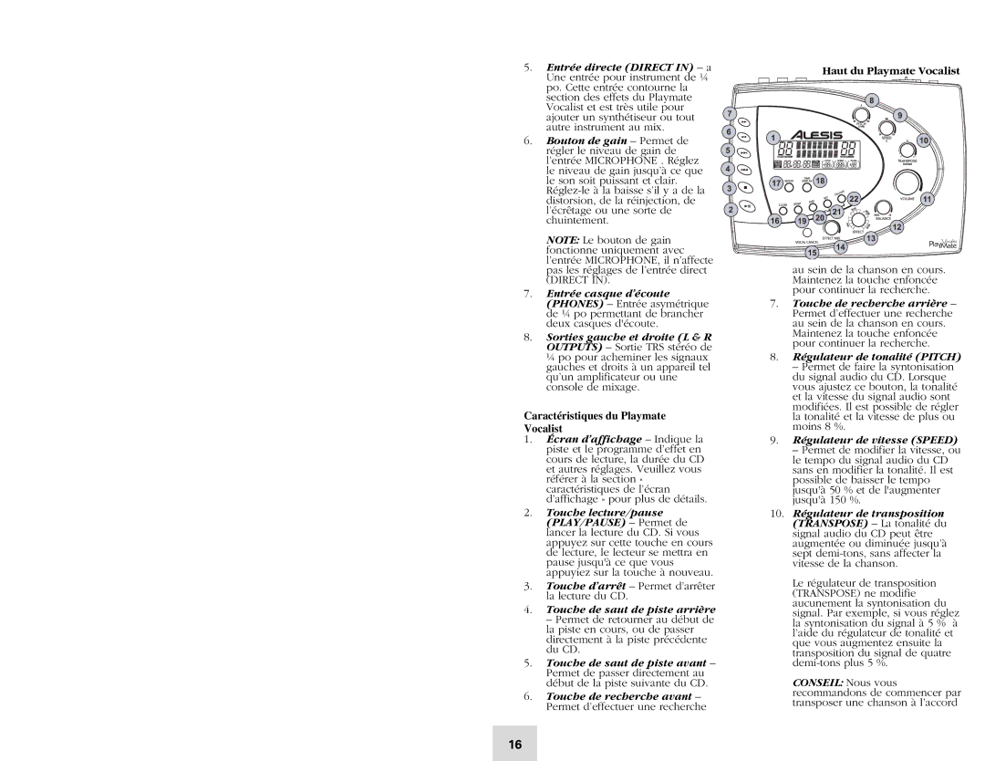 Alesis quick start Caractéristiques du Playmate Vocalist 