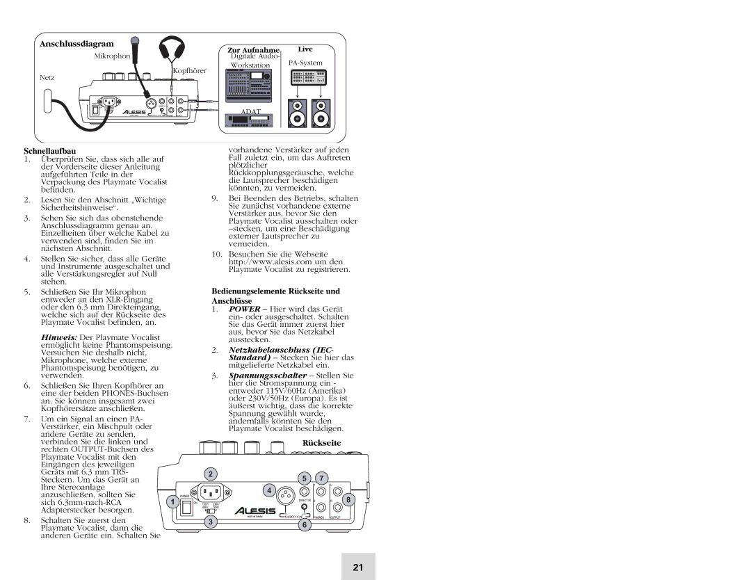 Alesis Vocalist quick start Anschlussdiagram, Schnellaufbau, Bedienungselemente Rückseite und Anschlüsse 