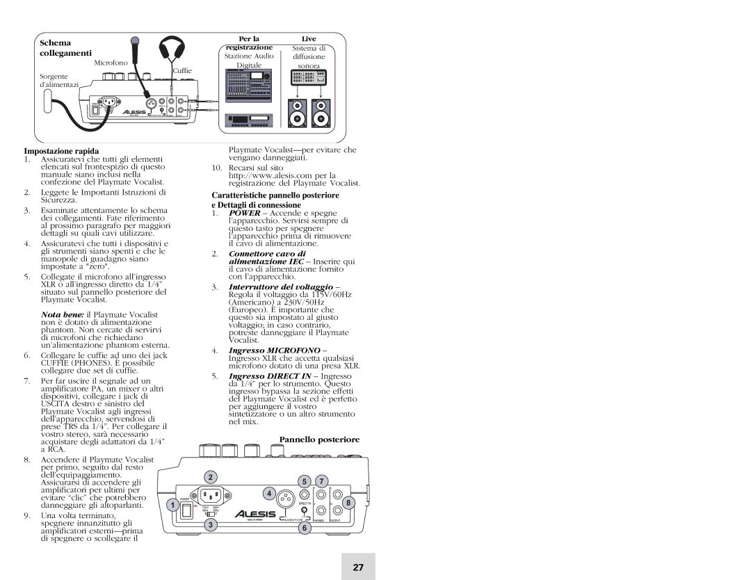 Alesis Vocalist quick start Schema, Collegamenti, Impostazione rapida, Pannello posteriore 