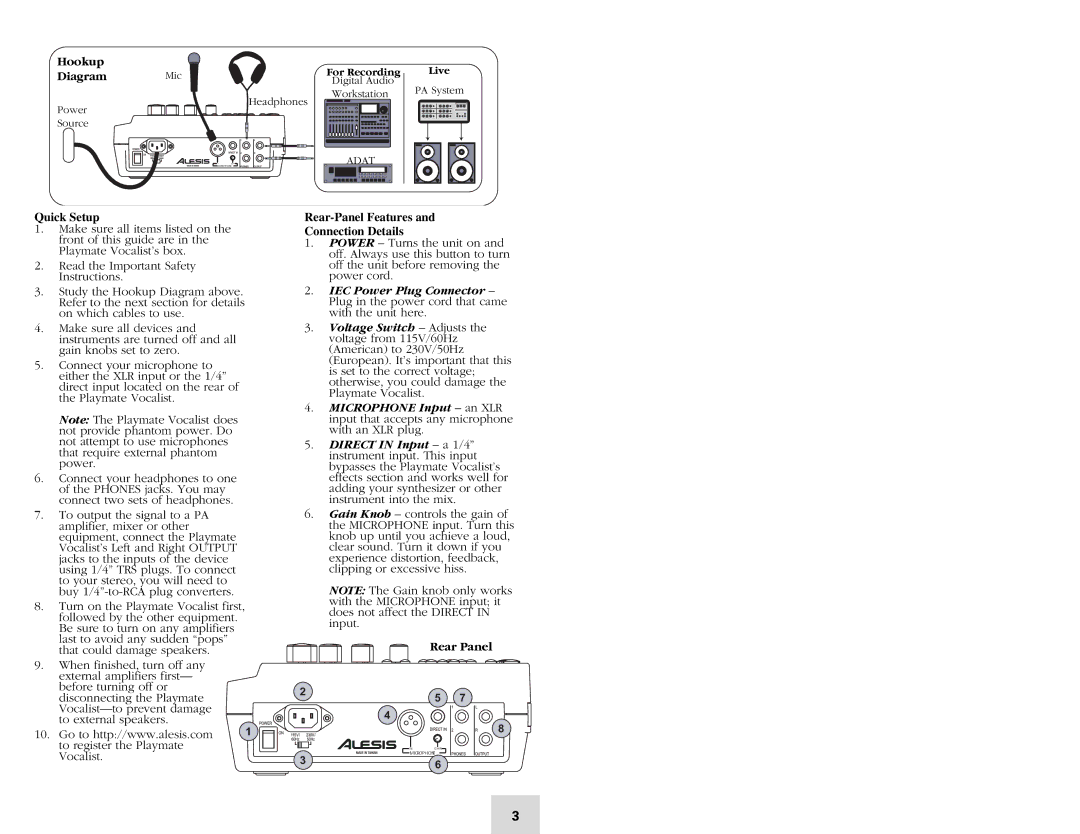 Alesis Vocalist quick start Hookup Diagram Mic, Quick Setup, Rear-Panel Features Connection Details, Rear Panel 