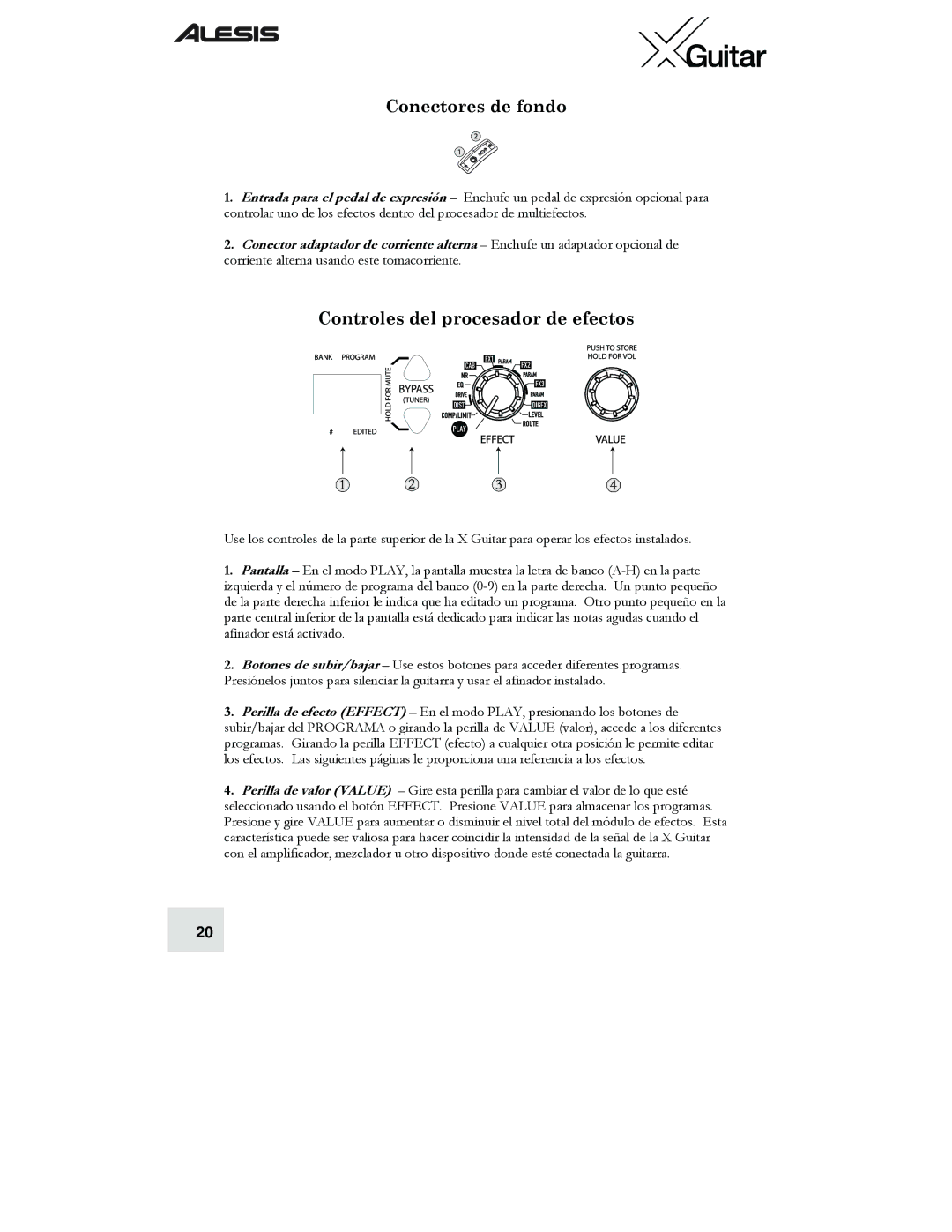 Alesis X quick start Conectores de fondo, Controles del procesador de efectos 