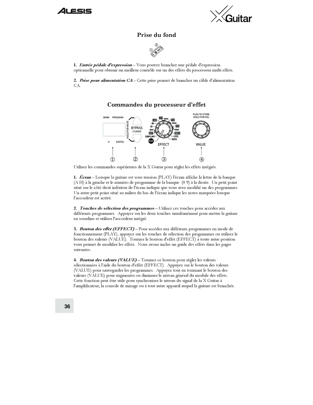 Alesis X quick start Prise du fond, Commandes du processeur d’effet 
