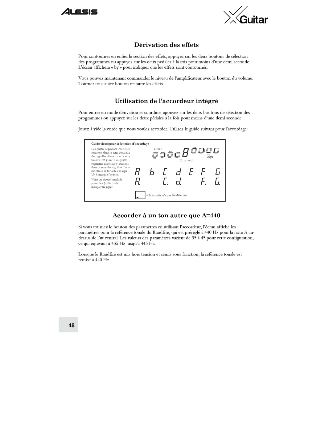 Alesis X quick start Dérivation des effets, Utilisation de l’accordeur intégré, Accorder à un ton autre que A=440 