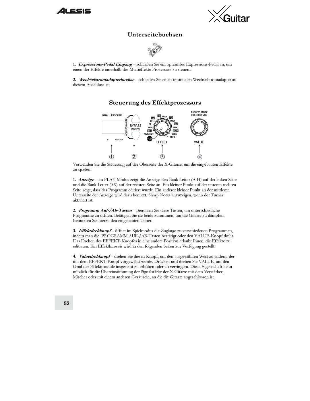 Alesis X quick start Unterseitebuchsen, Steuerung des Effektprozessors 