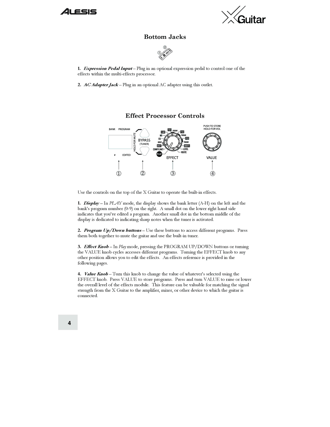 Alesis X quick start Bottom Jacks, Effect Processor Controls 