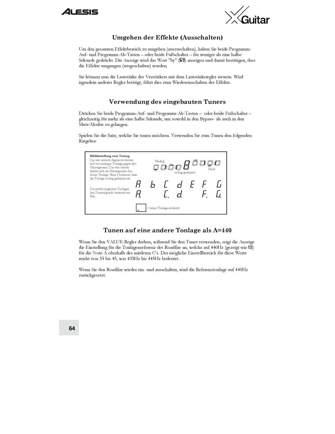 Alesis X Umgehen der Effekte Ausschalten, Verwendung des eingebauten Tuners, Tunen auf eine andere Tonlage als A=440 