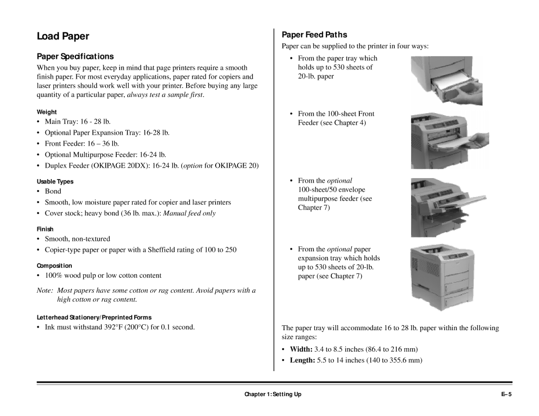 ALFA 20DX manual Load Paper, Paper Specifications, Paper Feed Paths 