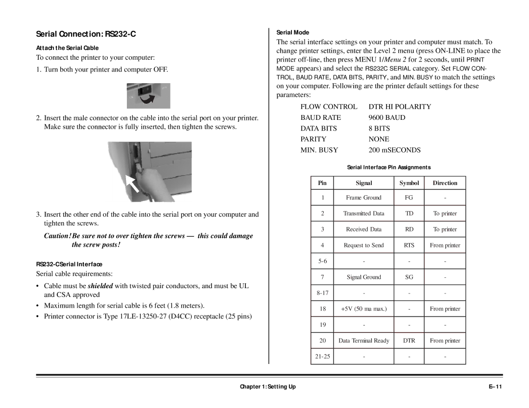 ALFA 20DX manual Serial Connection RS232-C, Attach the Serial Cable, RS232-C Serial Interface, Serial Mode 