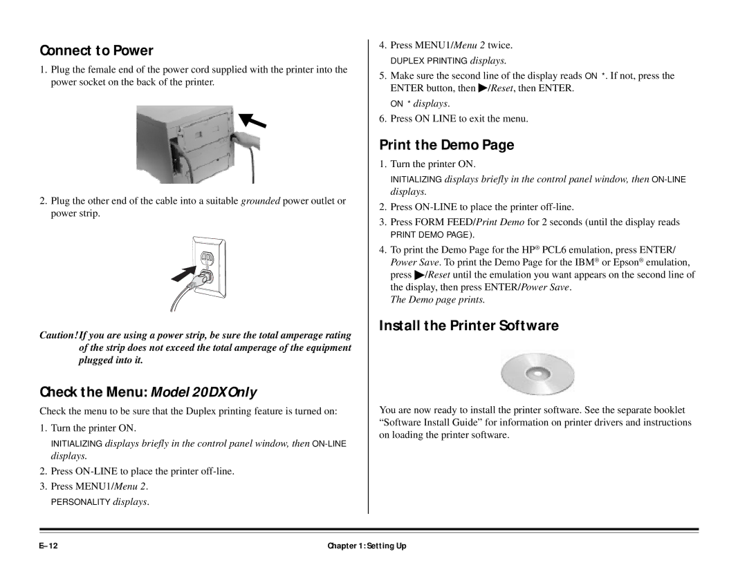 ALFA manual Connect to Power, Check the Menu Model 20DX Only, Print the Demo, Install the Printer Software 