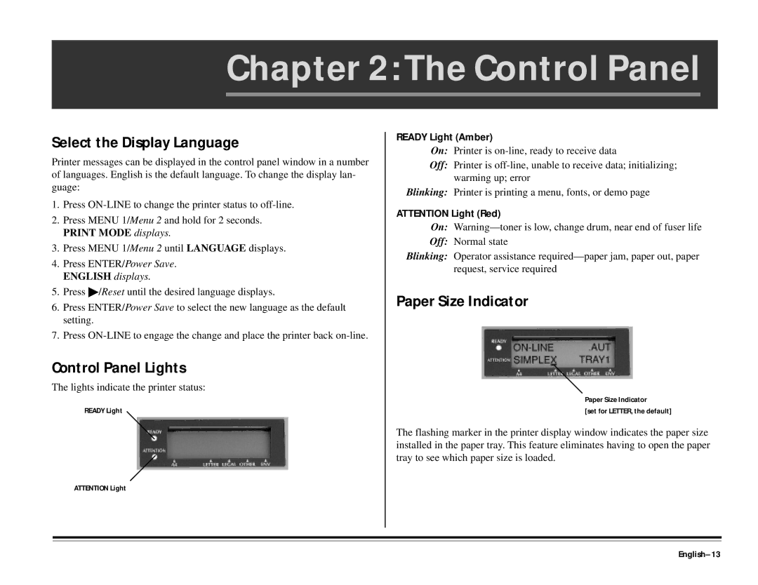 ALFA 20DX manual Select the Display Language, Control Panel Lights, Paper Size Indicator, English-13 