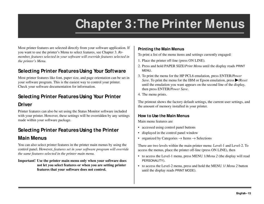 ALFA 20DX manual Printer Menus, Selecting Printer Features Using Your Printer Driver, Printing the Main Menus 