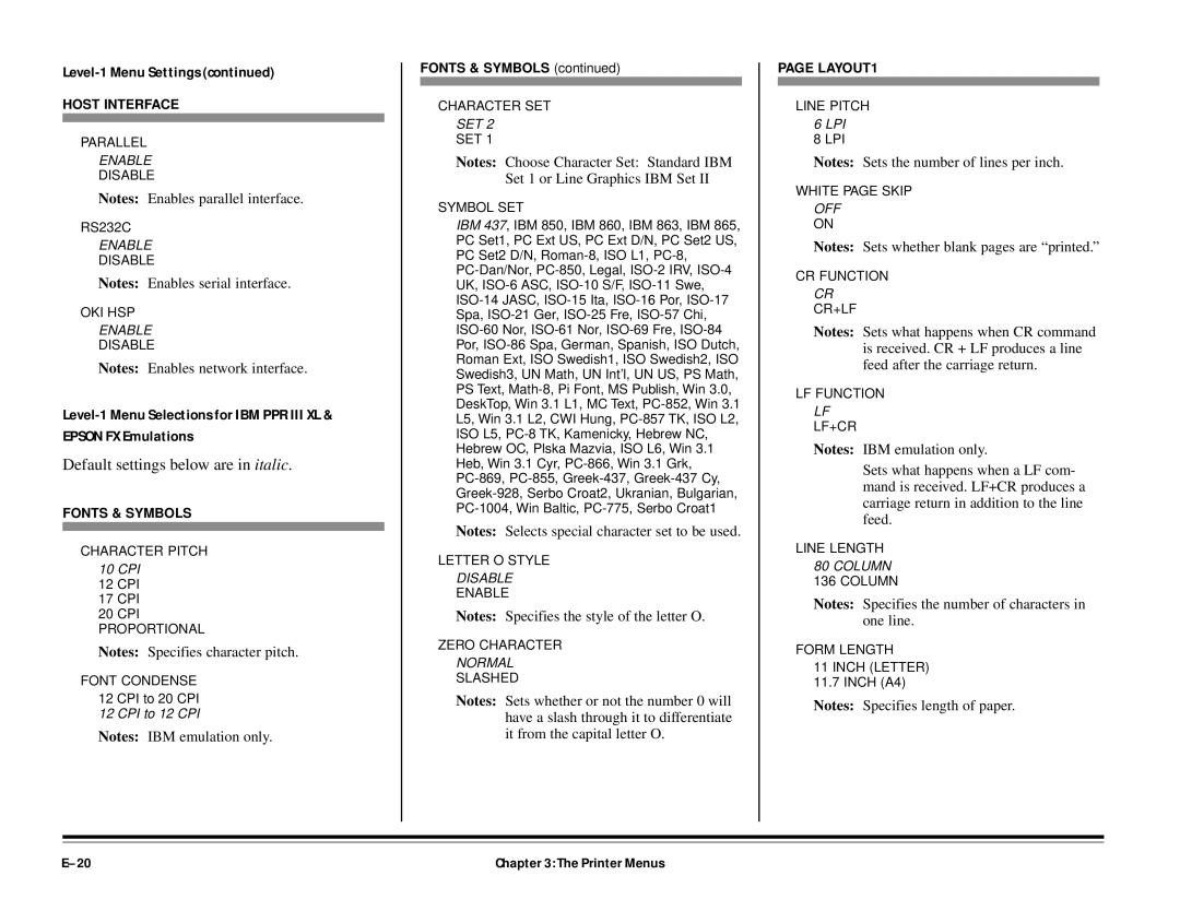 ALFA 20DX manual Default settings below are in italic 