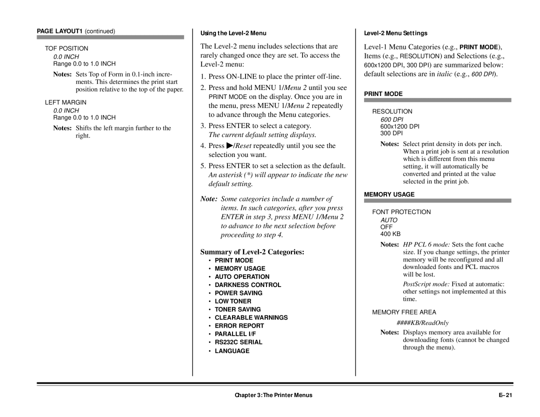 ALFA 20DX manual Using the Level-2 Menu, Level-2 Menu Settings, Summary of Level-2 Categories 