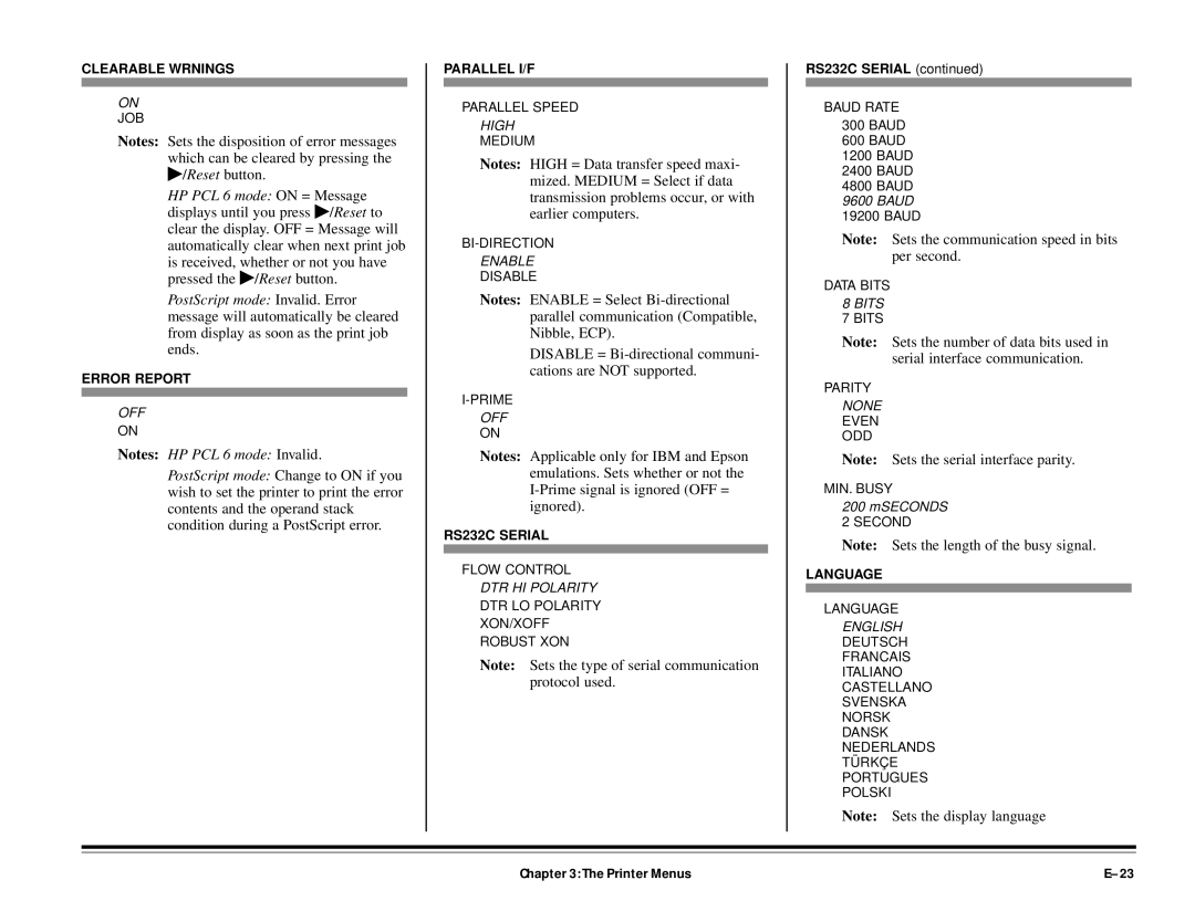 ALFA 20DX manual Clearable Wrnings 