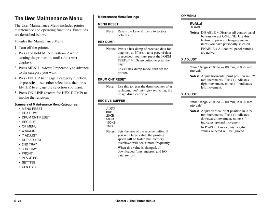 ALFA 20DX manual Summary of Maintenance Menu Categories, Maintenance Menu Settings 