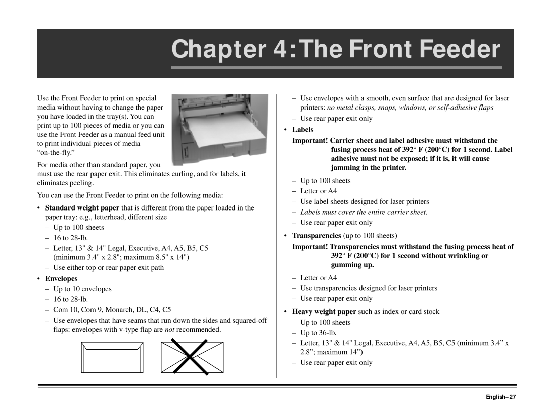 ALFA 20DX manual Front Feeder, English-27, Envelopes 