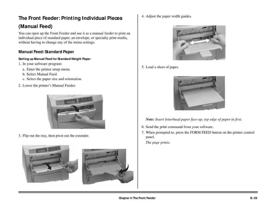 ALFA 20DX manual Front Feeder Printing Individual Pieces Manual Feed, Manual Feed Standard Paper 