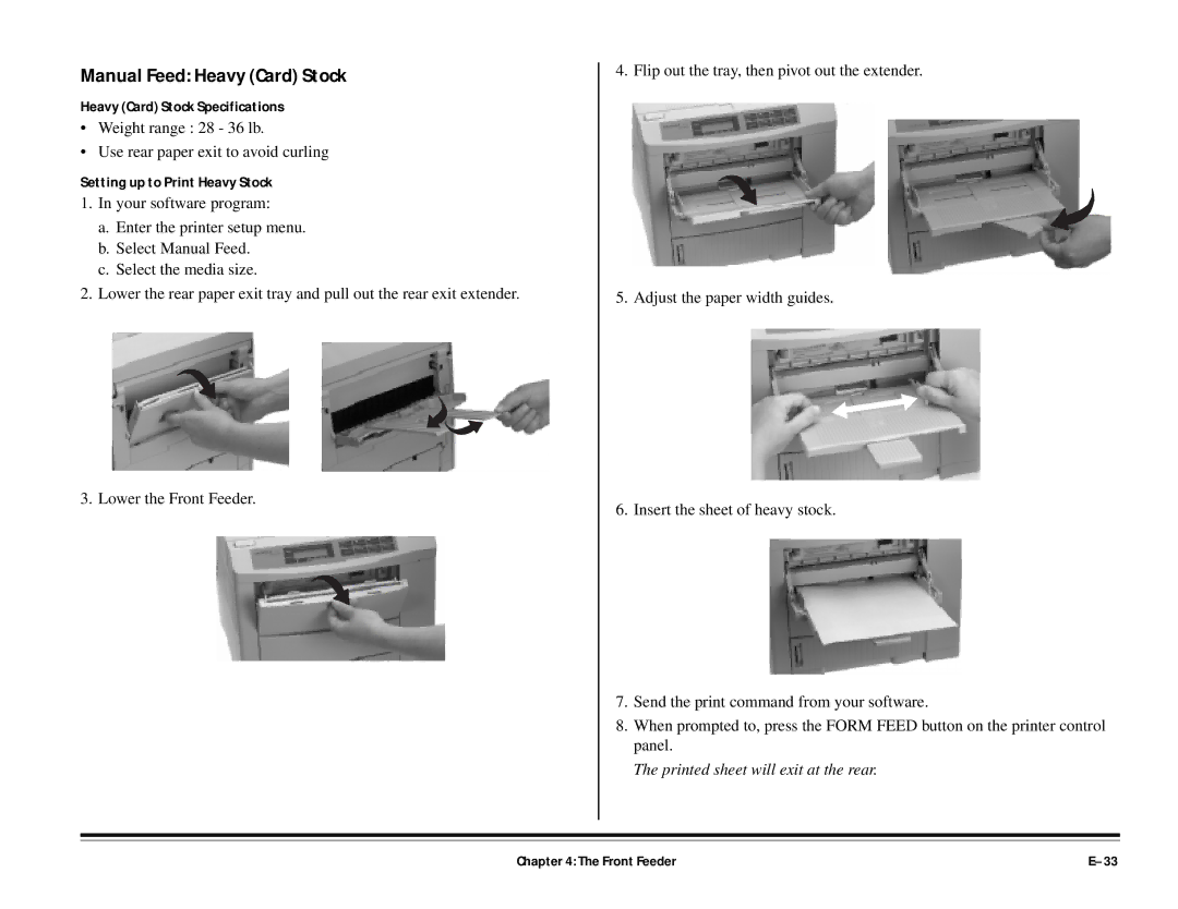 ALFA 20DX manual Manual Feed Heavy Card Stock, Heavy Card Stock Specifications, Setting up to Print Heavy Stock 