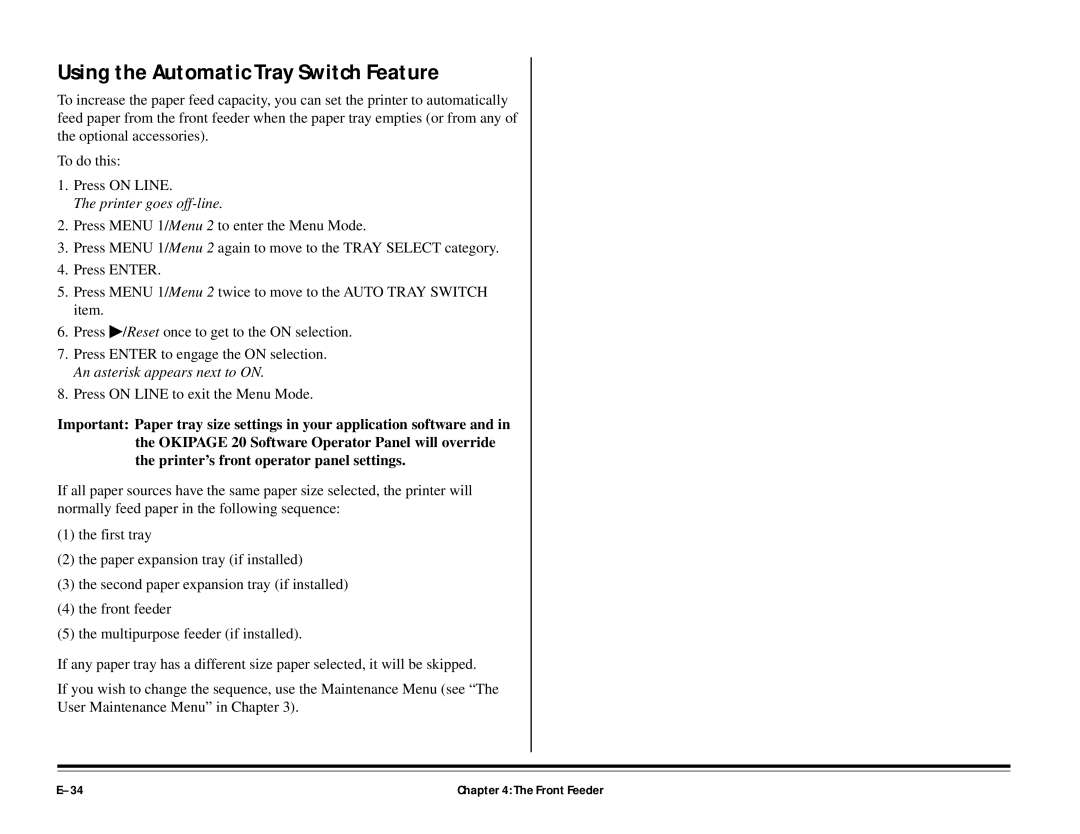 ALFA 20DX manual Using the Automatic Tray Switch Feature, Printer goes off-line 