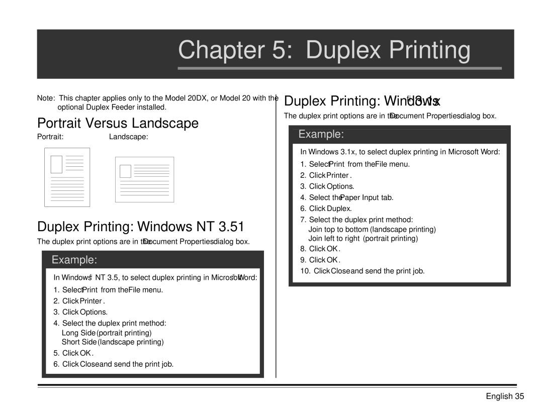 ALFA 20DX manual Portrait Versus Landscape, Duplex Printing Windows NT, English-35 