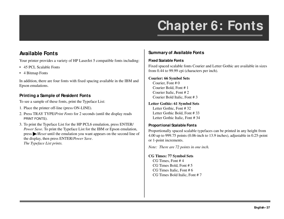 ALFA 20DX manual Printing a Sample of Resident Fonts, Summary of Available Fonts, English-37 