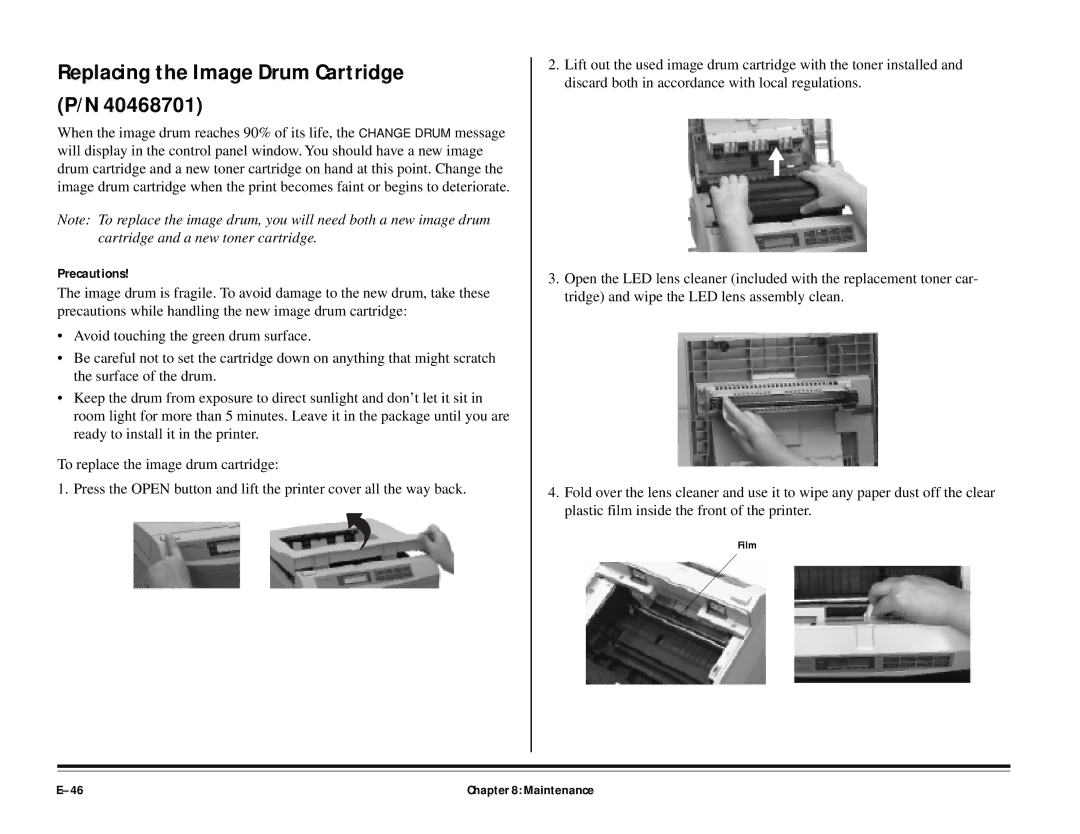 ALFA 20DX manual Replacing the Image Drum Cartridge P/N, Precautions 