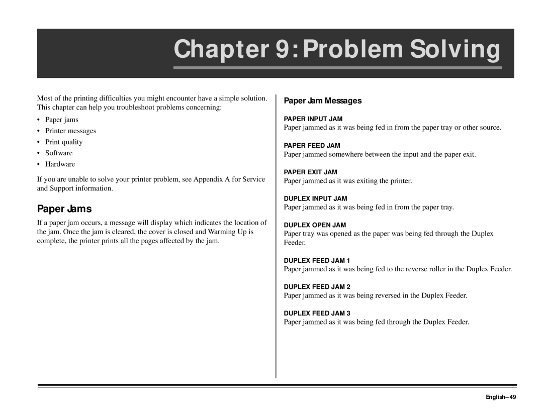 ALFA 20DX manual Problem Solving, Paper Jams, Paper Jam Messages, English-49 