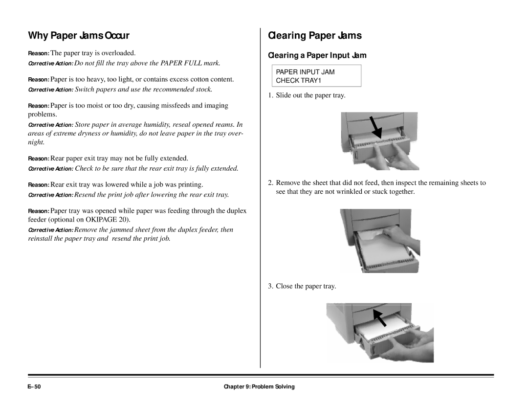 ALFA 20DX manual Why Paper Jams Occur, Clearing Paper Jams, Clearing a Paper Input Jam 