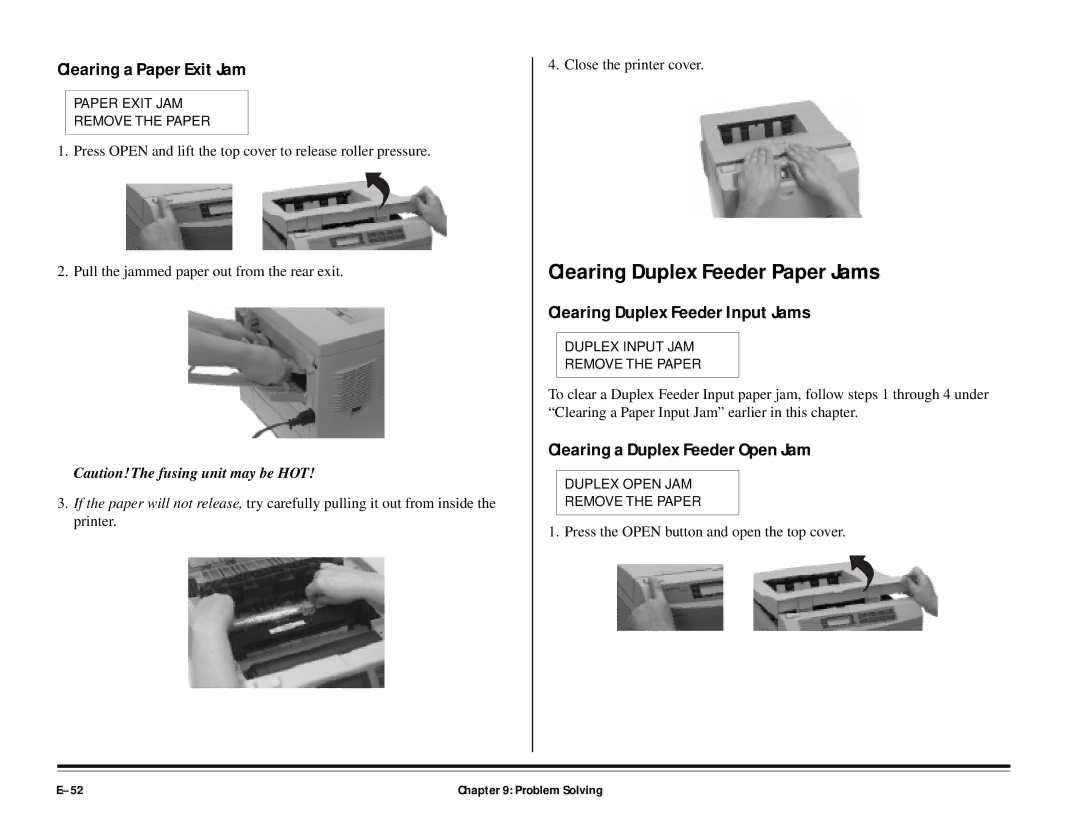 ALFA 20DX manual Clearing Duplex Feeder Paper Jams, Clearing a Paper Exit Jam, Clearing Duplex Feeder Input Jams 