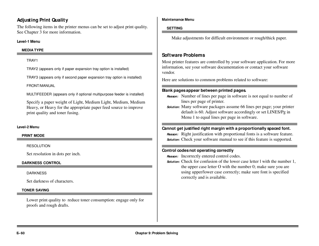 ALFA 20DX manual Adjusting Print Quality, Software Problems, Level-1 Menu, Level-2 Menu, Maintenance Menu 