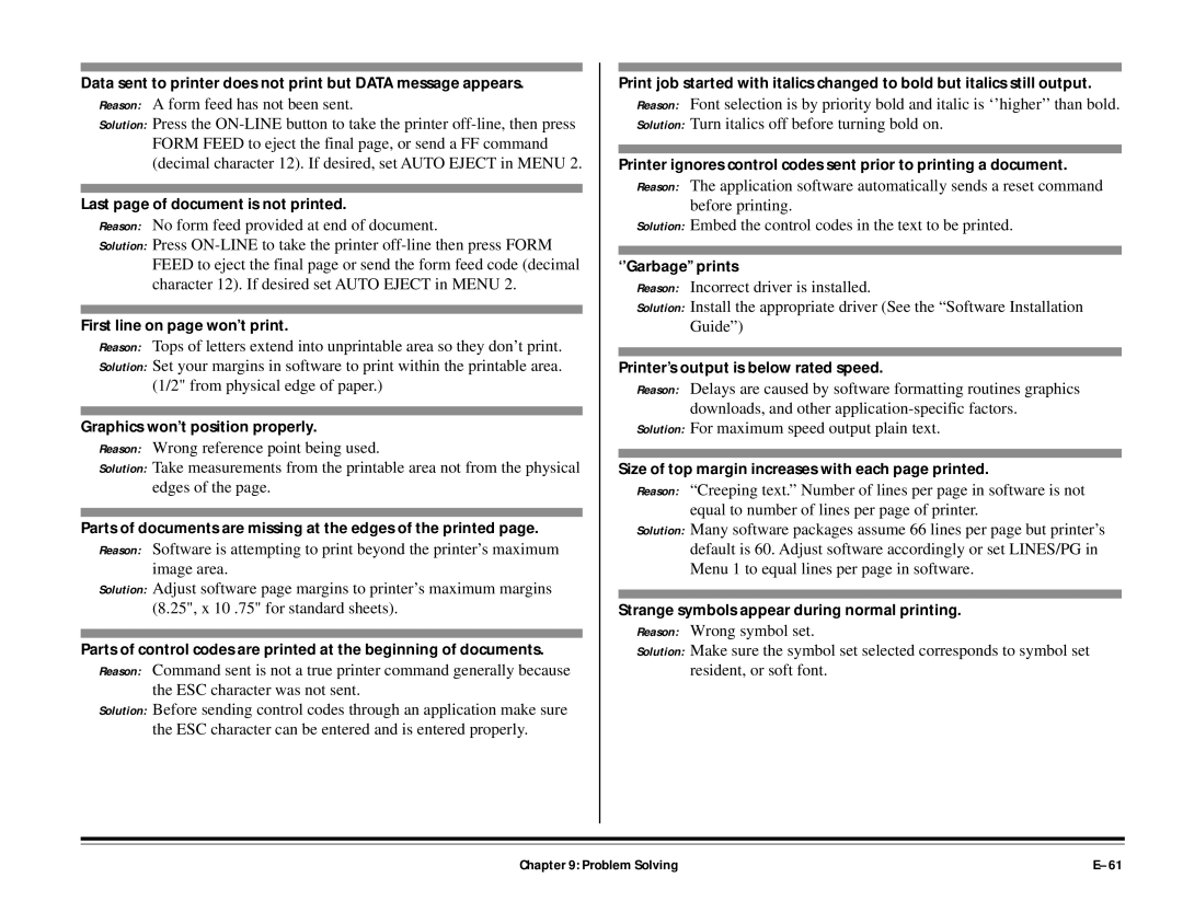 ALFA 20DX manual Last page of document is not printed, First line on page won’t print, Graphics won’t position properly 