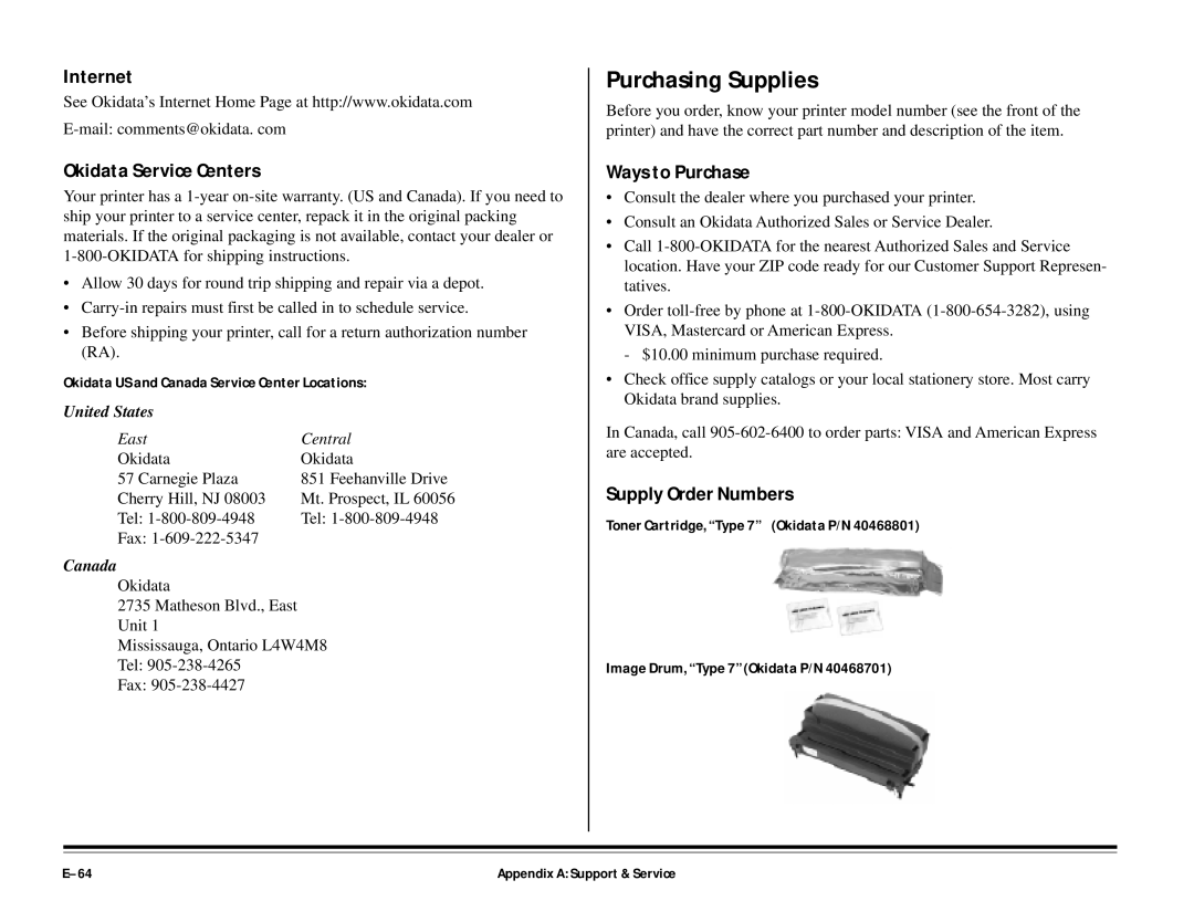 ALFA 20DX manual Purchasing Supplies, Internet, Okidata Service Centers, Ways to Purchase, Supply Order Numbers 