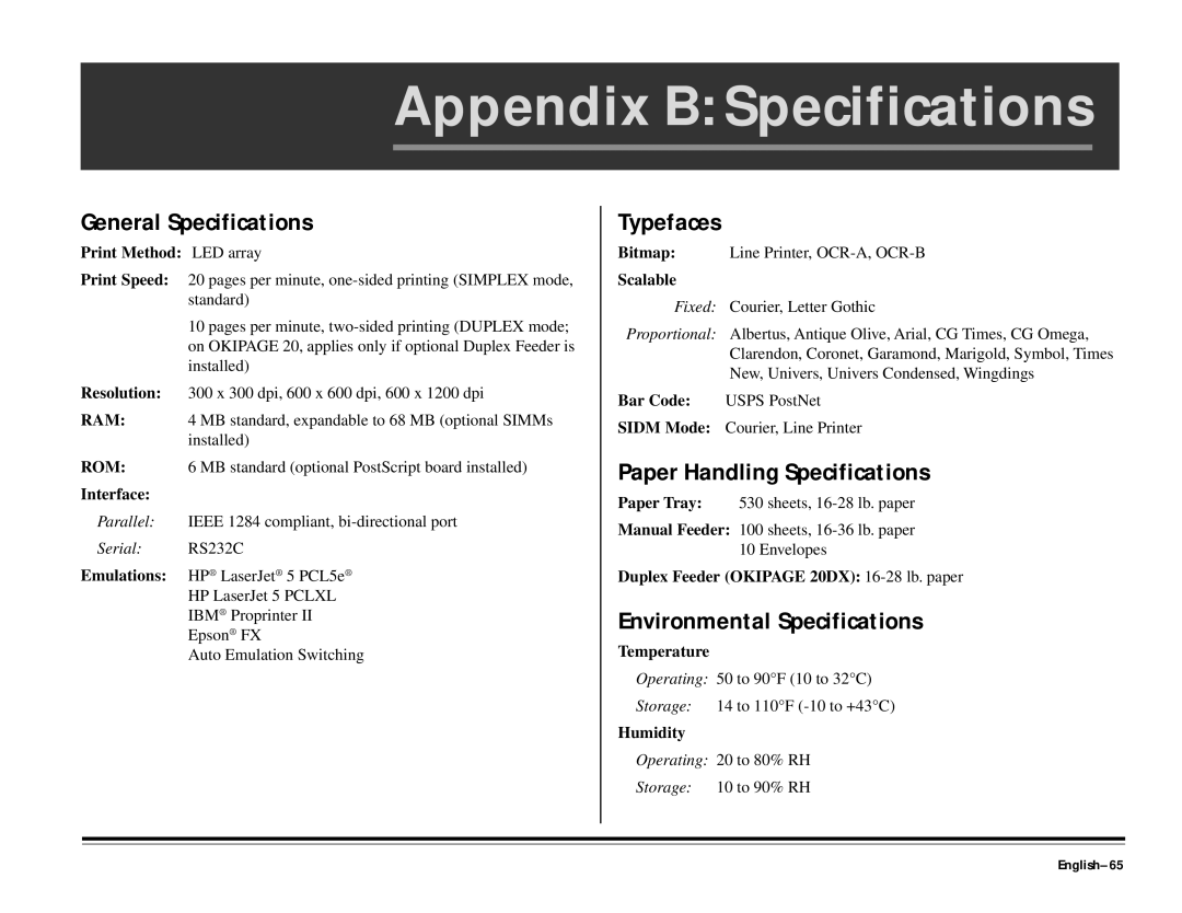 ALFA 20DX manual Appendix B Specifications, General Specifications, Typefaces, Paper Handling Specifications 